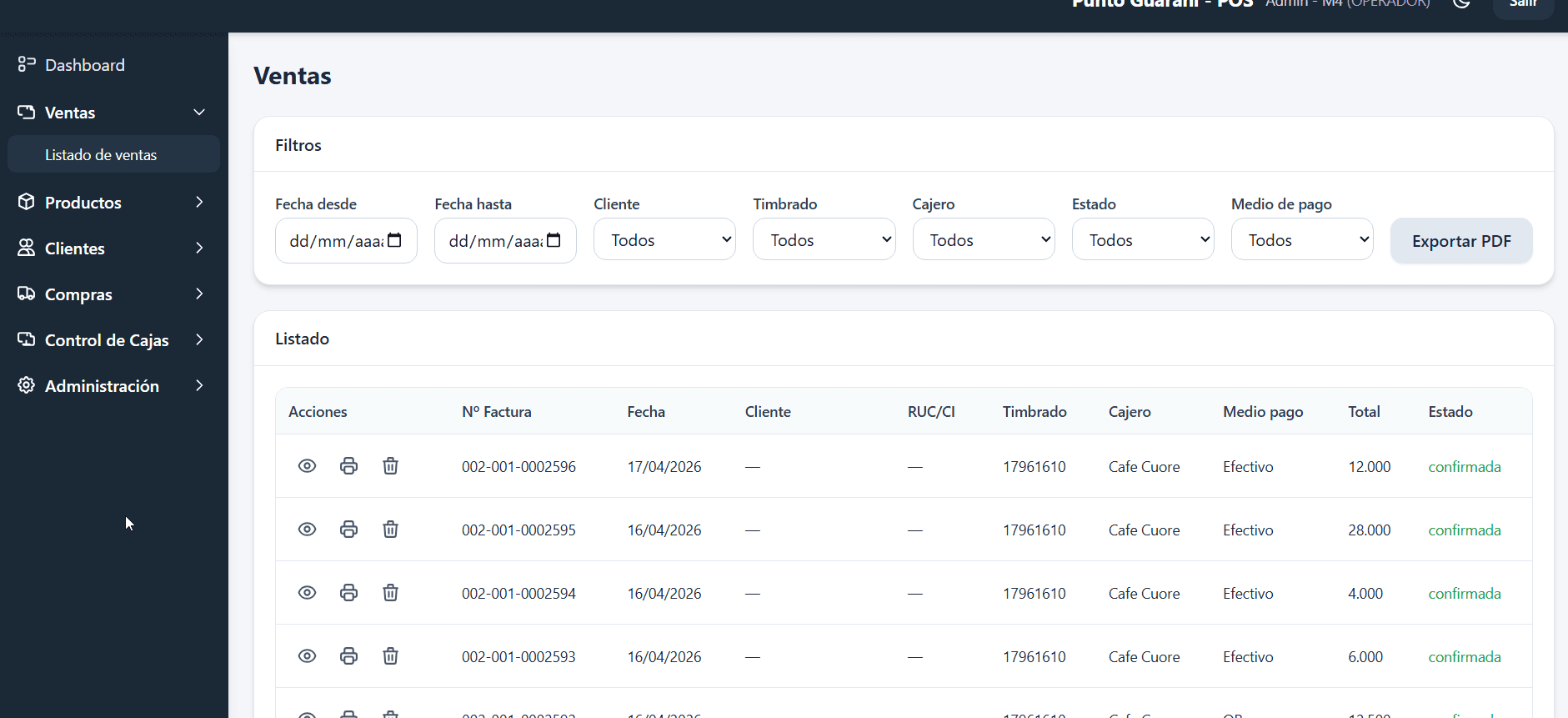 Listado de ventas y pedidos del sistema de comandas con filtros y estados